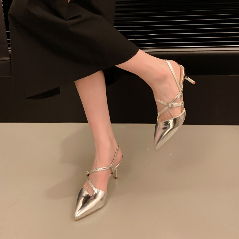 2024 Summer Silver Pointed Toe Women Sandals Fashion Slip on Slingbacks Shoes Ladies Sexy Thin Heel Party Dress Sandalias