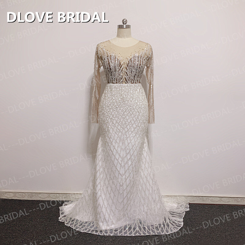 Vestido de novia de lujo dos en uno de sirena, desmontable, de encaje con cuentas de alta calidad, de manga larga, fotos reales