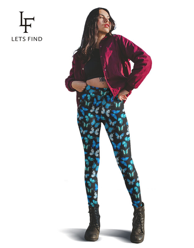 LETSFIND 패션 3D 나비 디자인 디지털 인쇄 높은 허리 여성 바지, 여성 의류 운동 레깅스