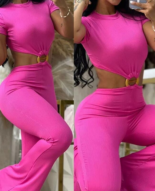 Women Fashion and Elegant Jumpsuit Skinny Cutout Jumpsuit New 2024 Summer Solid Color Short Sleeve O-Ring Decor Female Jumpsuits