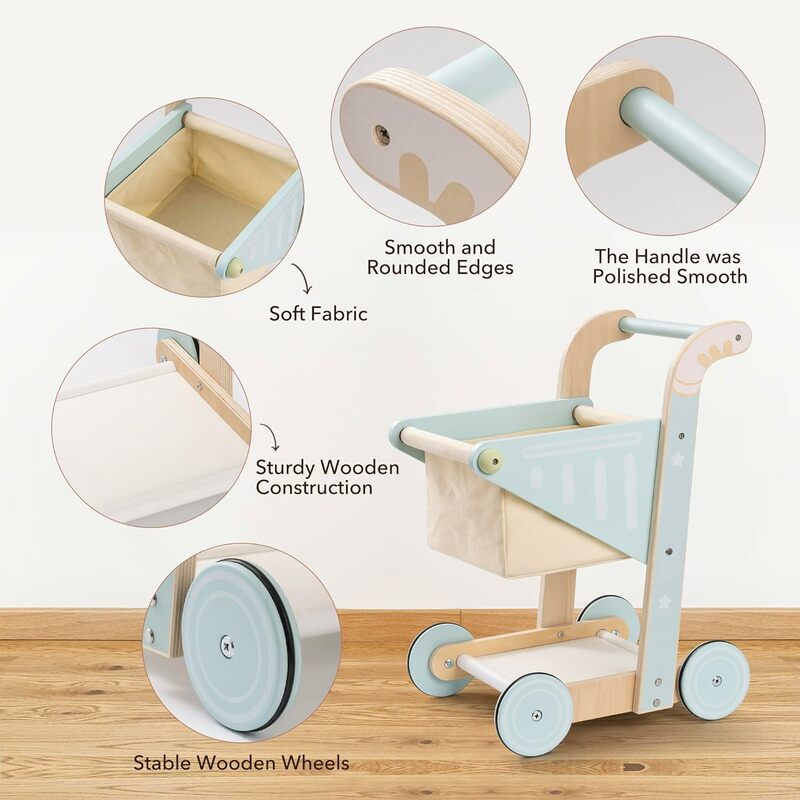 Robotime robud Baby Wooden Shopping Cart Toy Push Toy for Babies Learning to Walk for Toddler Kids 10 Month +