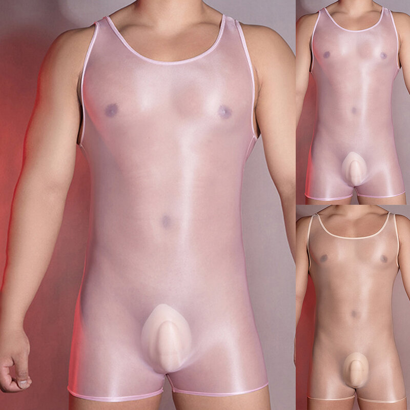 Bodysuit pria mengkilap minyak tipis sangat elastis Jumpsuit seksi tembus pandang pakaian dalam Clubwear Lingerie Erotis