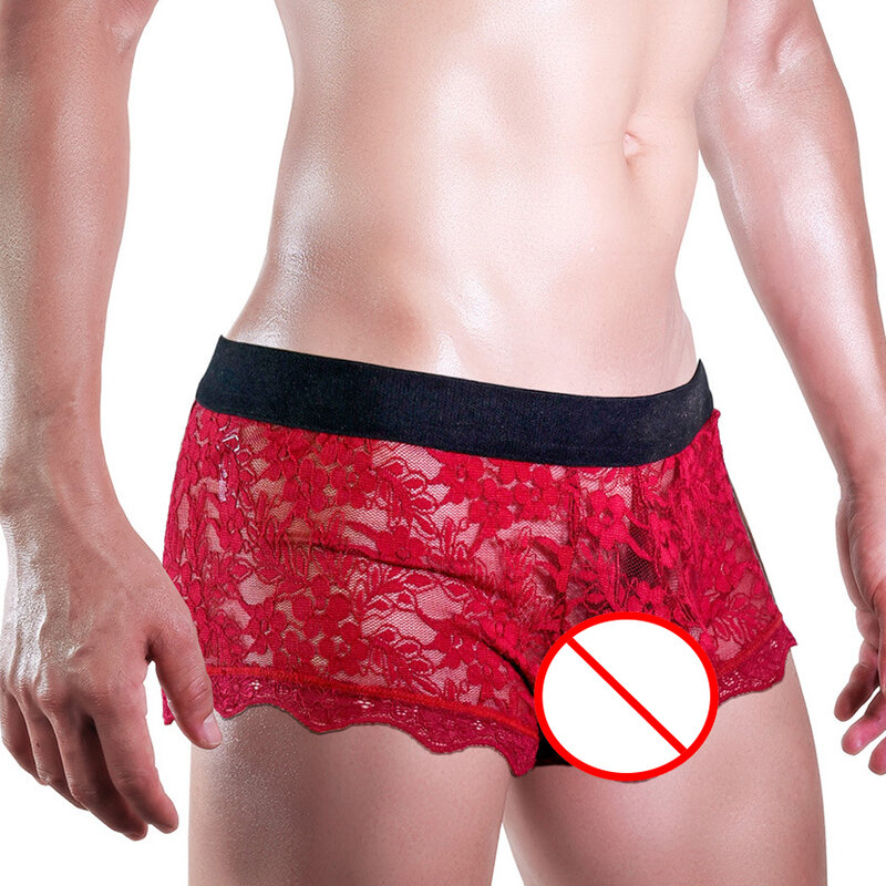 Sexy Heren Transparant Kanten Ondergoed Rug Uitgehold Ademend Man Slips Erotische Sissy Gay Shorts Boxers