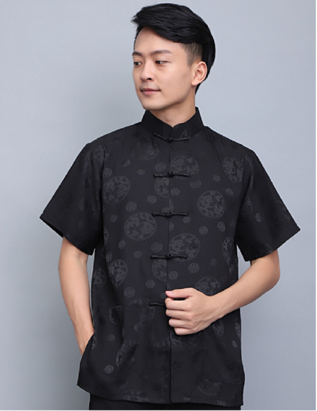 Heißer Verkauf chinesische klassische Männer hohe Qualität Satin Tang Kleidung bestickt Drachen Kurzarm Shirt Kung Fu Tops Shirts S-3XL