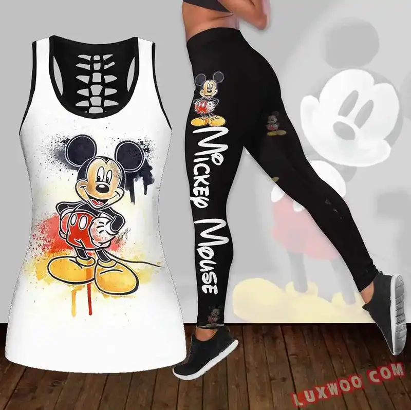 Disney-Conjunto de macacão feminino oco e leggings de treino, blusa regata recorte, ioga fitness, Mickey Mouse, verão, 2022