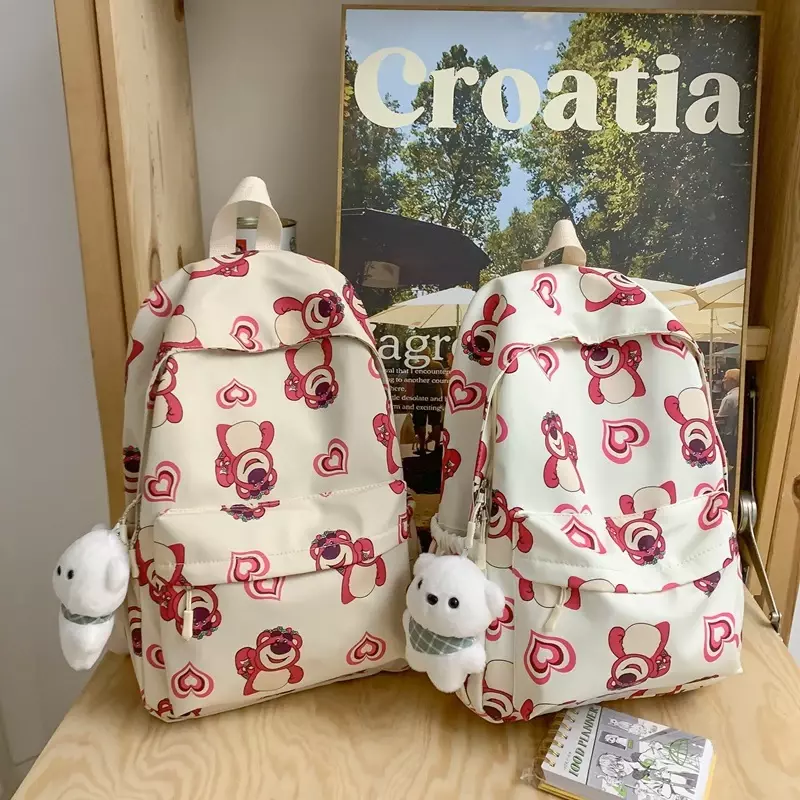 Sanrio-mochila escolar de oso de fresa para estudiantes, bonita mochila ligera de dibujos animados, impermeable, gran capacidad