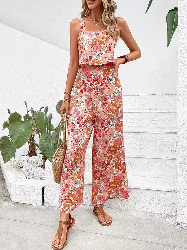 2024 New Summer Clothes for Elegant Long Jumpsuit Women Sexy Backless Wide Leg Jumpsuits Casual Sleeveless Floral Rompers