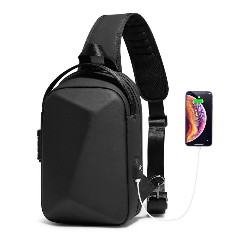 Tas selempang Port pengisi daya USB, tas bahu Anti Maling, tas dada perjalanan pendek tahan air untuk pria, tas selempang casing cangkang keras