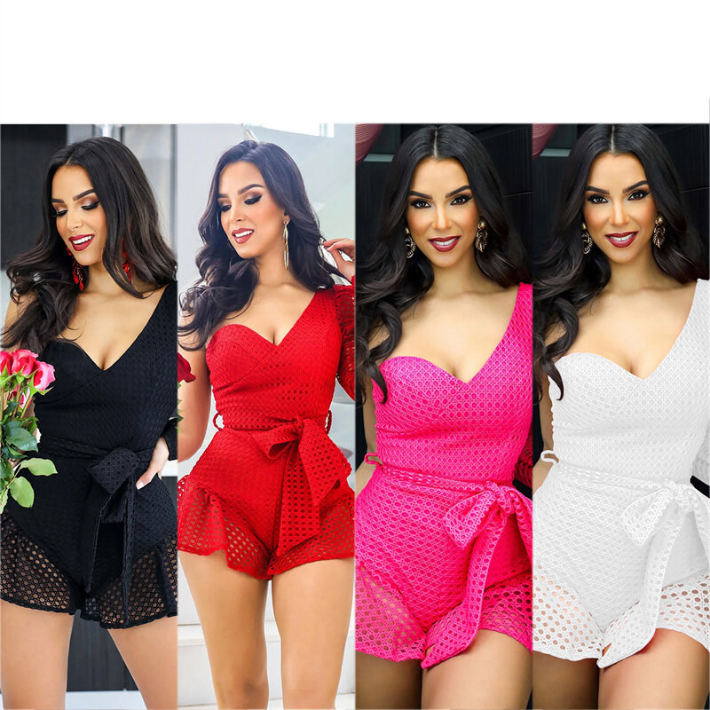 Sexy One Shoulder Hollow Out Playsuit Women Jumpsuits Skew Collar Lace-up Party Night Club Romper Shorts Monos Mujer Elegante