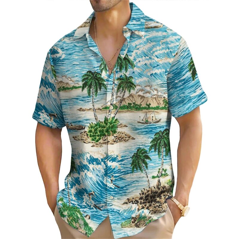 Рубашка мужская с принтом кокосового дерева, Повседневная Свободная Гавайская кофта с коротким рукавом, в стиле ретро, большие размеры, лето 2024
