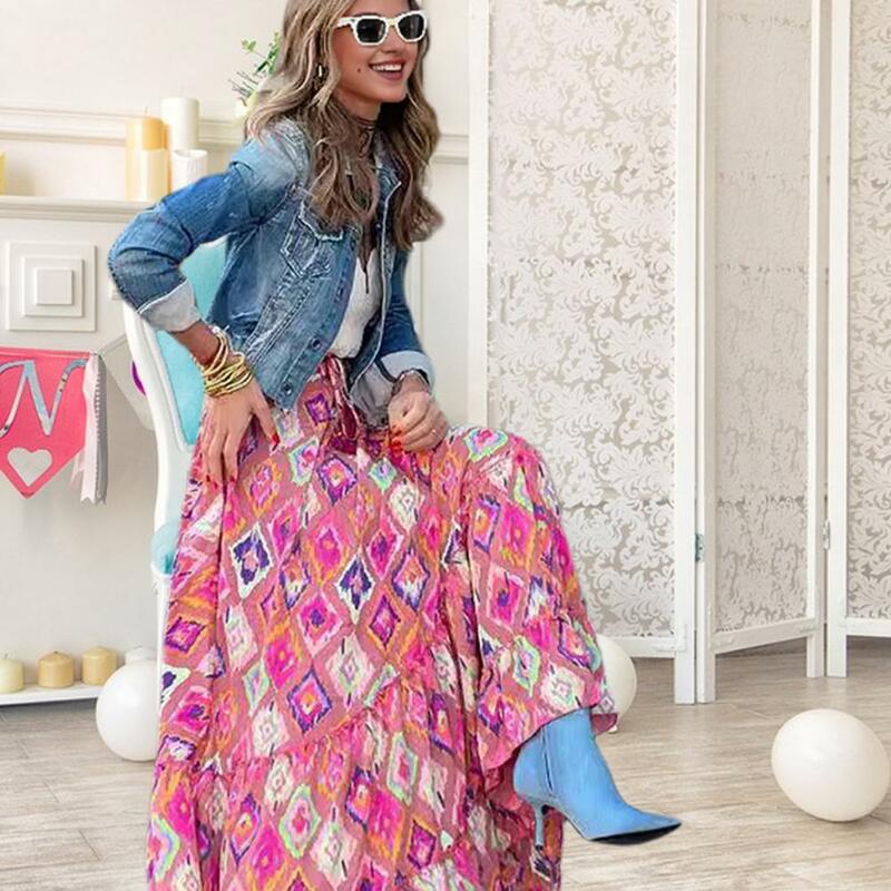 Rok Maxi motif kebesaran wanita, rok gaya liburan Bohemian dengan cetakan warna-warni elastis untuk wanita