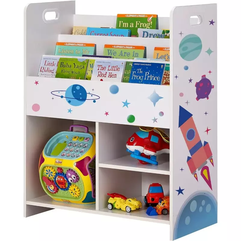 Regał dla dzieci, regał dla dzieci 2-w-1 z półkami na książki i 3 kostki o różnych rozmiarach, drewniana szafka pojemnik na zabawki