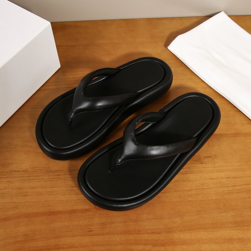 2024 summer solid color flip-flops leather sandals flat sandals women's shoes