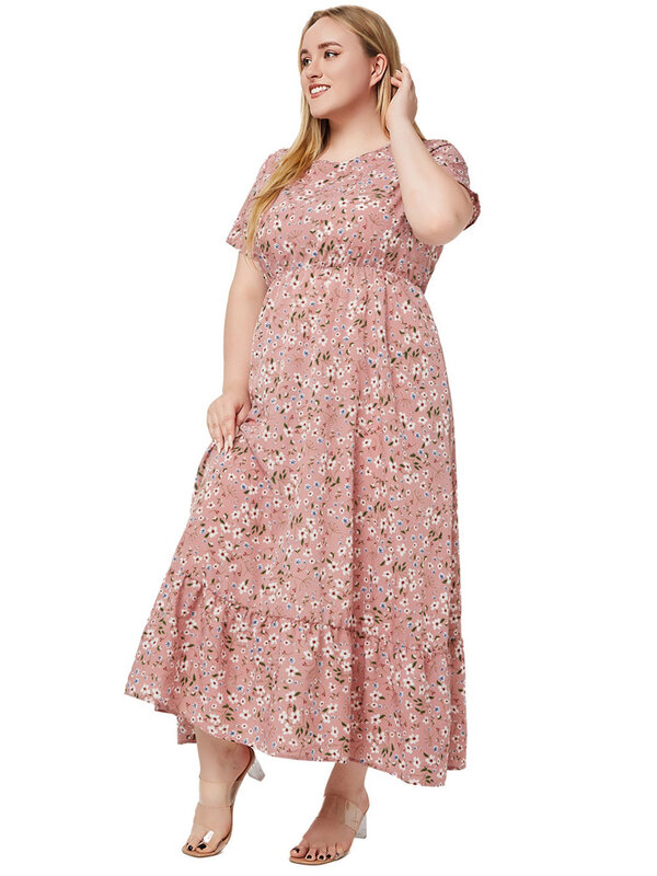 GIBSIE Plus Size Boho Women's Ditsy Floral Print Summer Dress 2024 O-Neck Short Sleeve Vacation Casual Ruffle Hem Maxi Dresses