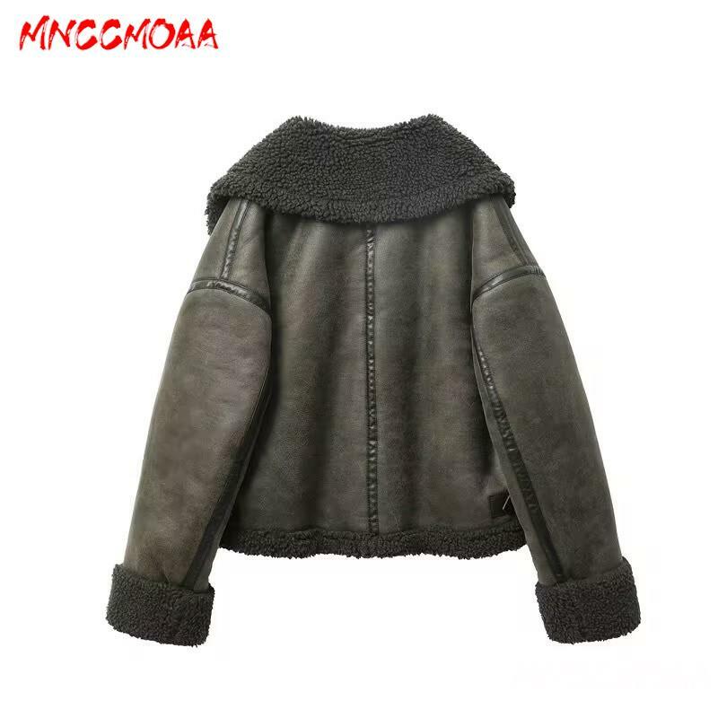 MNCCMOAA-Dames vintage dikke warme faux lederen jas, Lambswool jassen, dames vrijetijdskleding, hoge kwaliteit, winter 2024