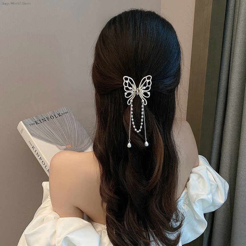 Clipe de cabelo borboleta de metal com borla para mulheres, simples cabelo garra, pin, pérola, pingente, acessórios, par