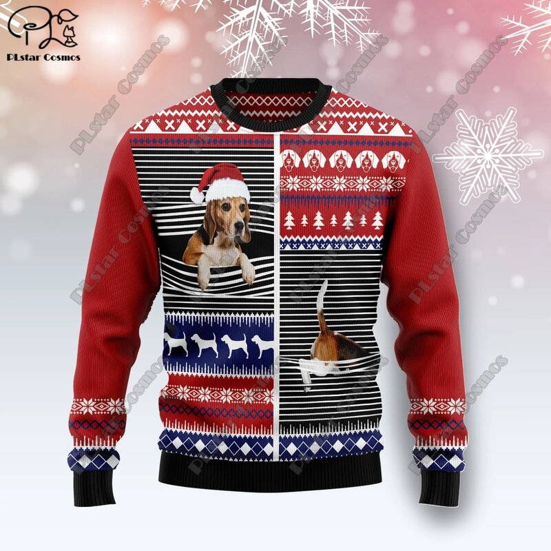 Suéter con estampado 3D de elementos navideños, suéter con patrón de árbol de Navidad, Papá Noel, arte feo, calle informal, S-16 de invierno