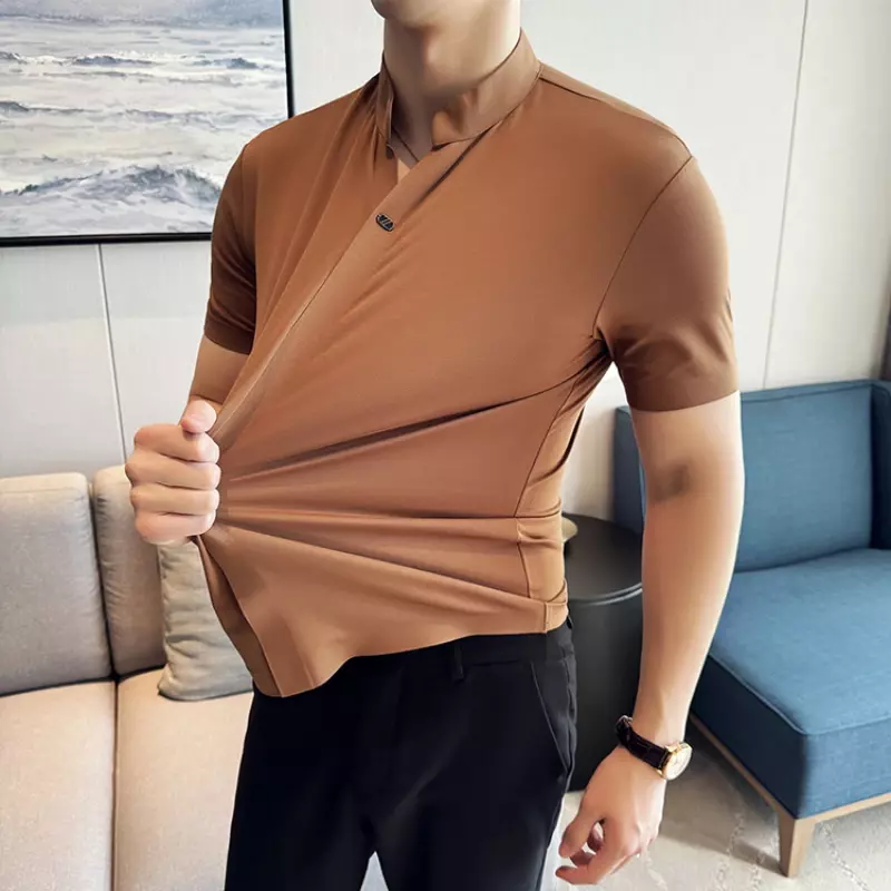 Стрейч, Мужская высокоэластичная рубашка-поло с V-образным вырезом, тонкая футболка с коротким рукавом, деловой повседневный мужской топ, 2024 высокое качество, искусственная кожа.