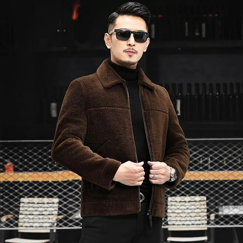 Mantel bulu wol asli untuk pria, mantel bulu wol asli baru musim gugur musim dingin 2023, jaket overcoat hangat warna polos I549
