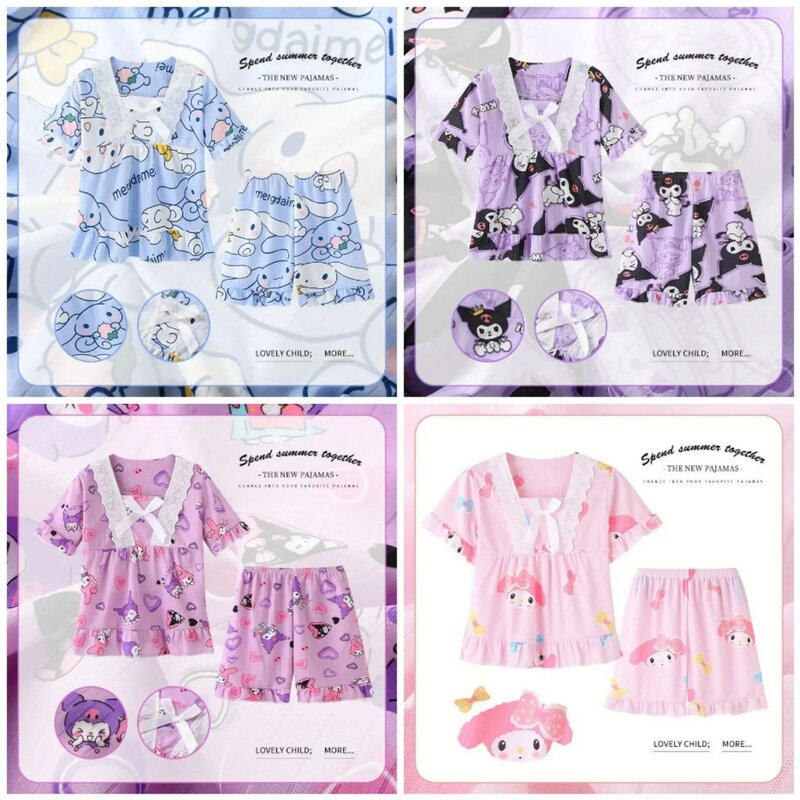 산리오 시나모롤 어린이 활 잠옷 투피스 세트, 애니메이션 마이 멜로디 쿠로미, 여름 아기 소녀 홈 탑 하의 잠옷