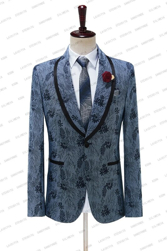 2023 novos ternos sob medida dos homens azul denim jacquard casamento smoking com veludo xale lapela 2 peças vestido de negócios moda masculina