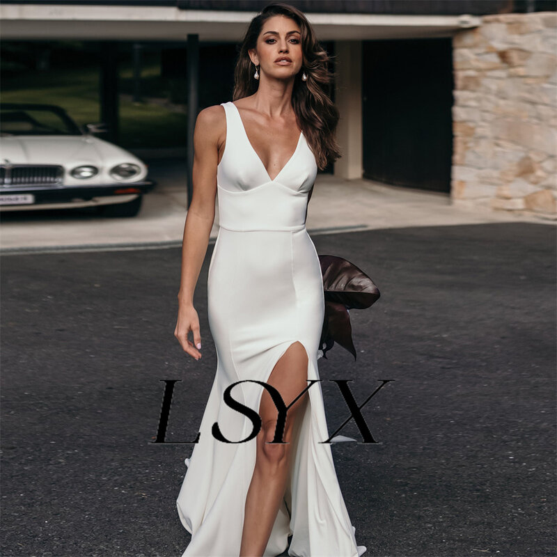 LSYX vestido de novia de sirena, prenda sencilla con escote en V profundo, sin mangas, espalda abierta, abertura lateral alta, longitud hasta el suelo, hecho a medida