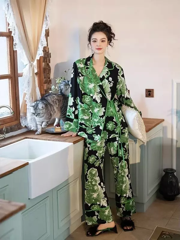 Женский пижамный комплект из двух предметов, с длинным рукавом и блокировкой