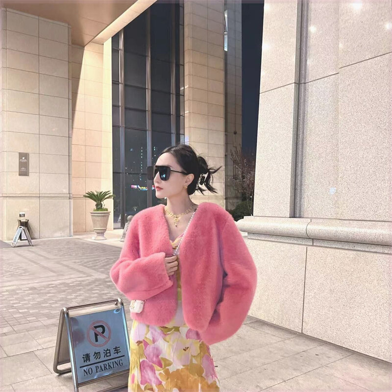 Elegante casaco de pele sintética para mulheres, versão coreana, temperamento versátil, jaqueta feminina solta, outono, inverno, novo, 2023