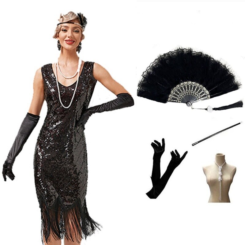 New Women's 1920S Vintage Sequined Tassel Dress Party Dance Dress V-neck Evening Dress Sequin Dress Toast Party Dress