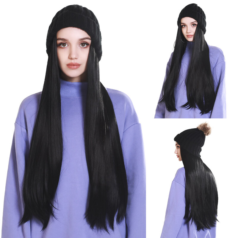 Parrucca lunga sintetica calda lavorata a maglia parrucca diritta marrone nera naturale parrucca elastica con collegamento naturale per la festa della ragazza