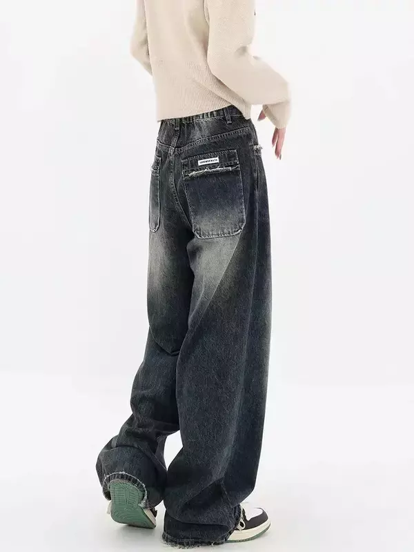 Джинсы-багги HOUZHOU Y2K женские в стиле Харадзюку, уличная одежда в стиле ретро, Модные осенние штаны с завышенной талией, свободные брюки из денима с широкими штанинами для женщин