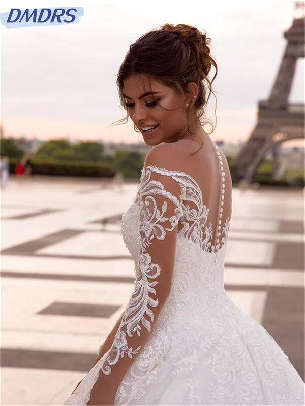 Gaun pernikahan lengan panjang romantis 2024 gaun pengantin tanpa tali menawan applique gaun panjang lantai Vestidos De Novia