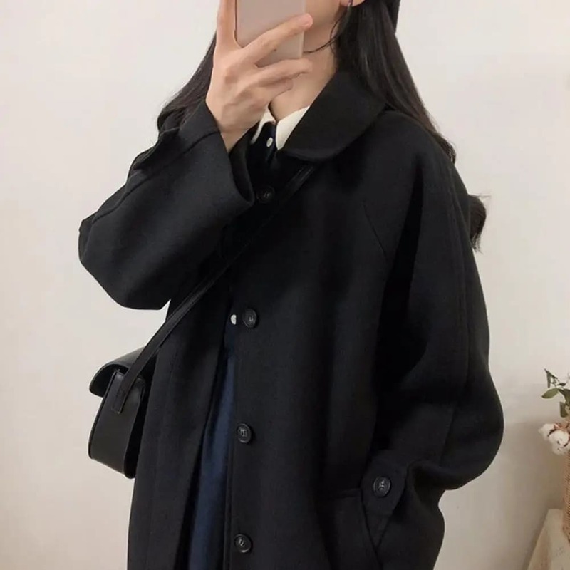Women Smart Casual Jacket Women's Mid-length Solid Color Overcoat with Turn-down Collar Single-breasted Design Warm for Fall