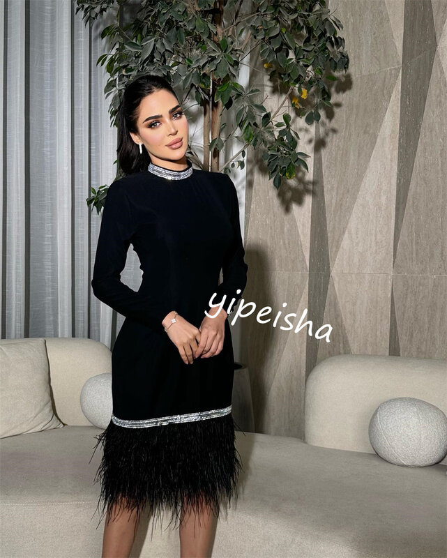  Evening Jersey Feather Beading Celebrity A-line High Collar Bespoke Occasion Gown Knee Length Dresses Saudi Arabia