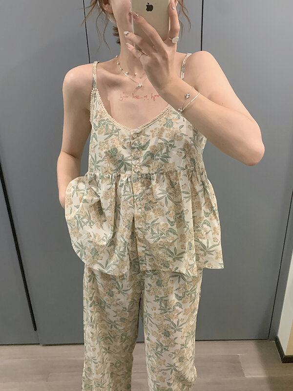 Fato de pijama feminino com decote em v, colete floral de verão com almofada no peito, calças soltas, conjuntos de camisola, sexy, coreano, 2 peças