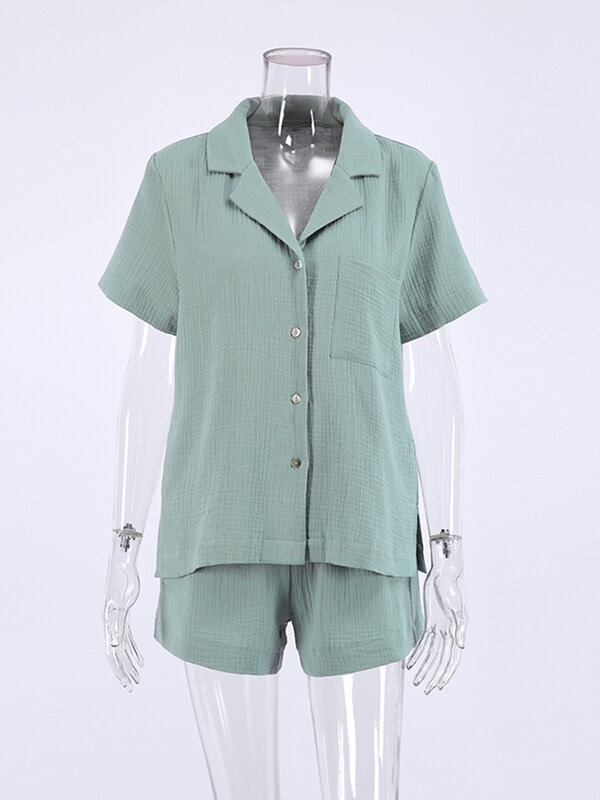 Hiloc 100% Baumwolle Hause Anzug Für Frauen Revers Nachtwäsche Einreiher Pyjamas Set Mit Shorts Reine Farbe Nachtwäsche Mit Tasche