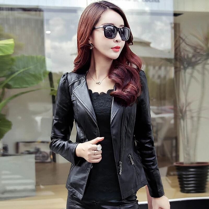 Jaqueta de couro falso motociclista para as mulheres, cores brilhantes, preto, curto, macio, moda, novo