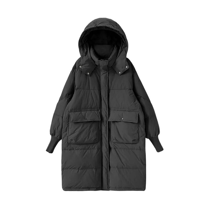 여성용 스레드 슬리브 다운 재킷, 한국 버전, 루즈 후드, 중간 길이, 무릎 길이, 두꺼운 화이트 덕 다운, 겨울 코트