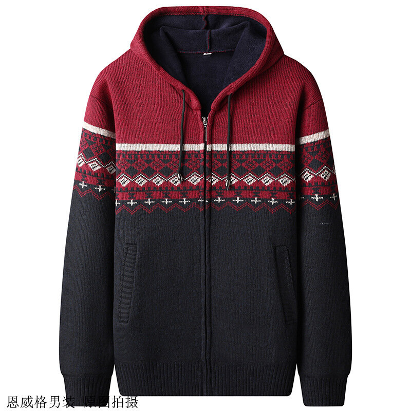 Men's knitted sweater, autumn and winter hooded sweater, casual printed color matching cardigan, plush thick insulation jacket,