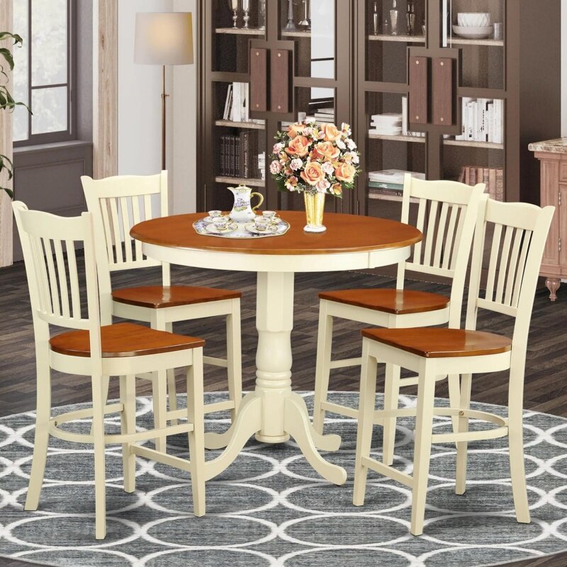 East West Furniture JAGR5-WHI-W, Set meja dapur 5 buah termasuk ruang makan bulat dengan alas dan 4 kursi makan