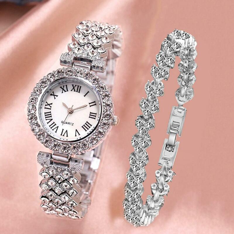 2 Stks/set Vrouwen Horloge Armband Kit Glanzende Steentjes Ingelegd Cadeau Dame Quartz Polshorloge Armband Sieraden Mode Accessoires