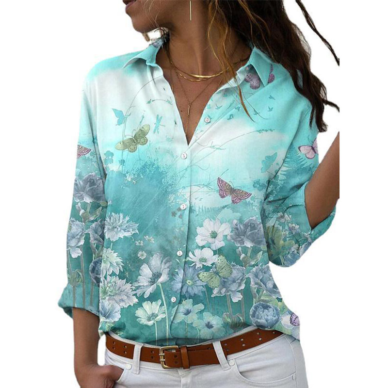 Camisa con estampado de flores para mujer, blusa informal con cuello en V ligeramente elástica, cómoda y elegante para uso diario, primavera y verano
