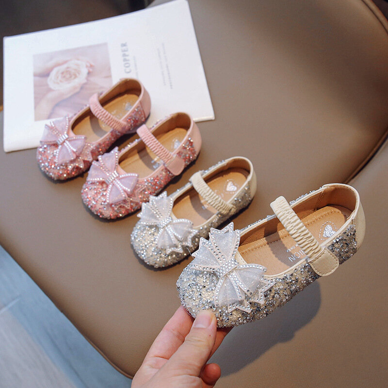 Zapatos de princesa con lazo para niña, zapatos de cuero de cristal dulce, zapatos de bebé de fondo suave, zapatos individuales de estilo occidental, primavera y otoño, nuevo, 2024