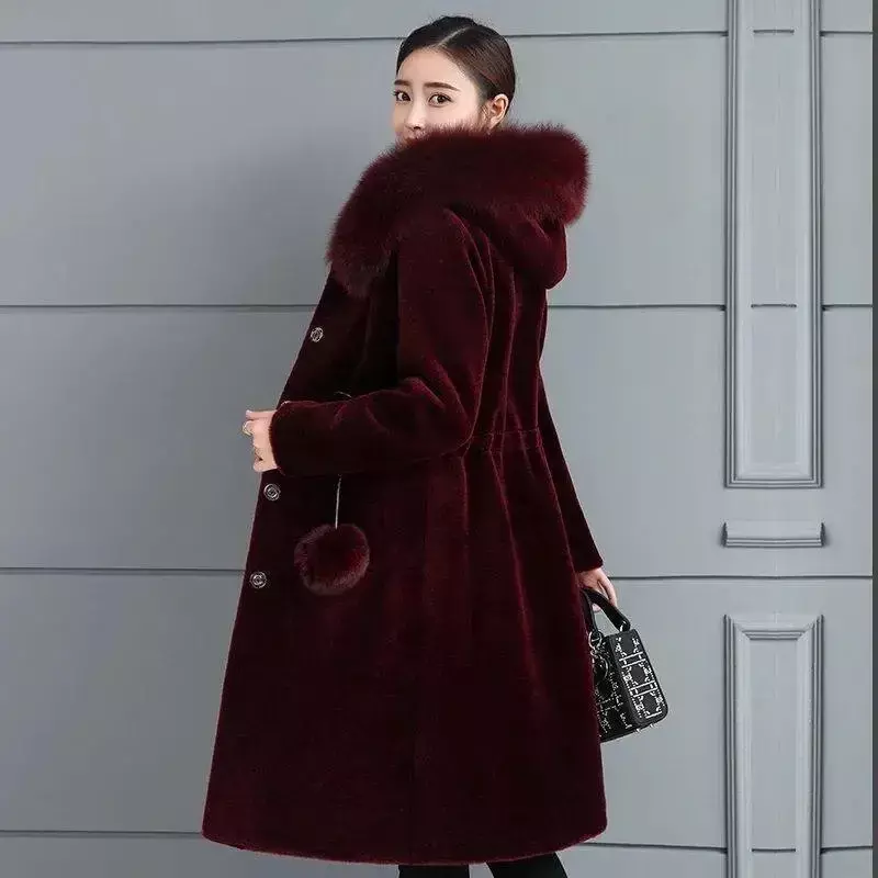 Faux Fur Coat Women Hooded Mink Cashmere Slim Fit Solid Long Sleeve Thick Warm Single Breasted Fur Coat