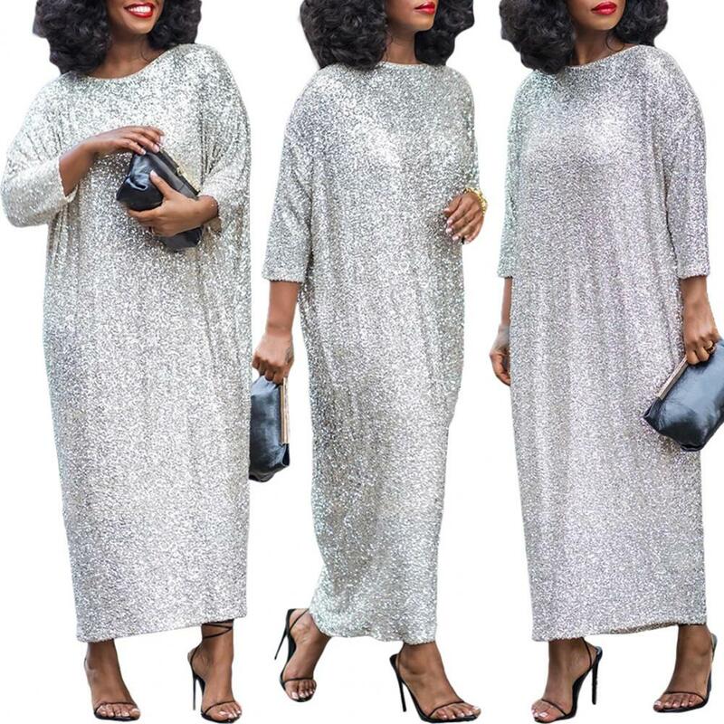 Solid Color Elegant Dress Women Dress Elegant Sequin Maxi Dress with Three Quarter Sleeves Ankle Length Women's Soft for Commute