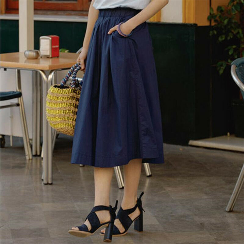 Cotton Linen Vintage Women clothing Bottoms 2024 Pure Women Casual Skirt for girl pleated Female skirts with pocket