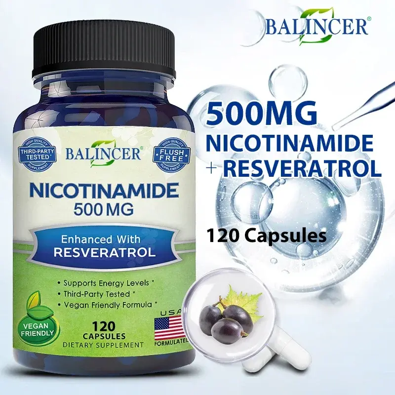 Niacynamid z 120 resweratrolem wegetariańskim czapkami witamina B3, wspomaga zdrowie i energię komórek skóry, przeciwdziała starzeniu, redukuje zmarszczki