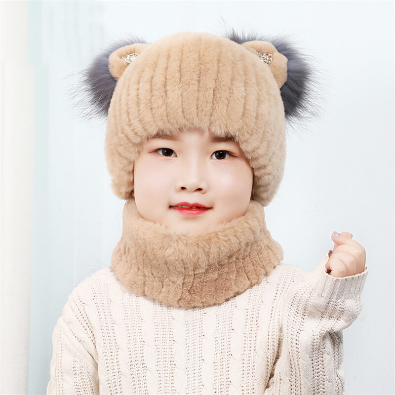 Masculino e feminino infantil Inverno Rex Rabbit Fur Hat Thickened Warm Knitting Plush Chapéu das crianças Tampão de orelha Chapéu de cachecol infantil