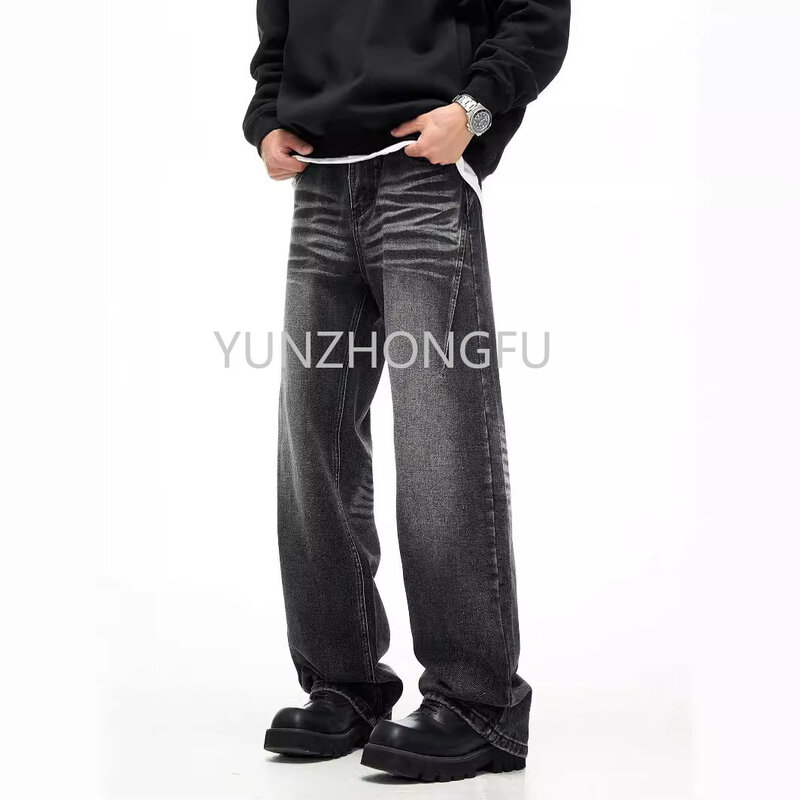 2024 Fashion Brand High Street Water Ripple Loose Straight Jeans Vintage Washed Black Cleanfit Pants