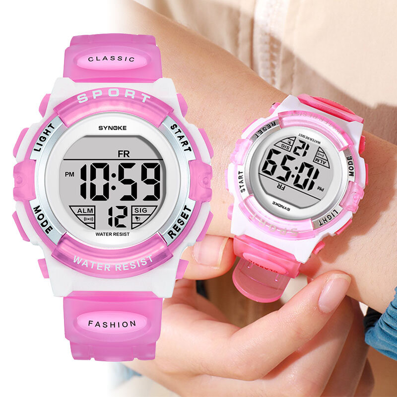 어린이 방수 시계 핑크 어린이 손목 시계 알람 발광 다기능 스포츠 전자 시계, 소년 소녀